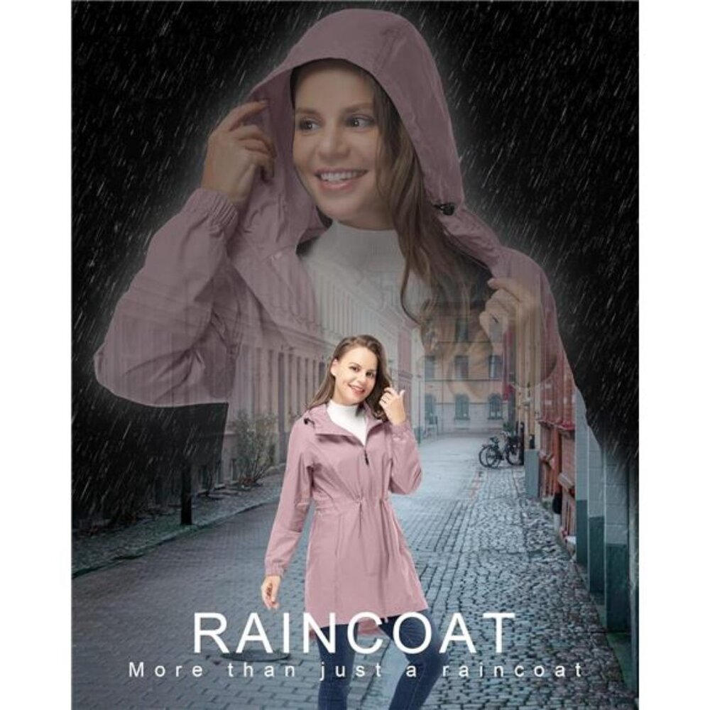 Women's Waterproof Long Rain Coats Packable Rain Jacket with Hood Trench Coats - Picture 6 of 7